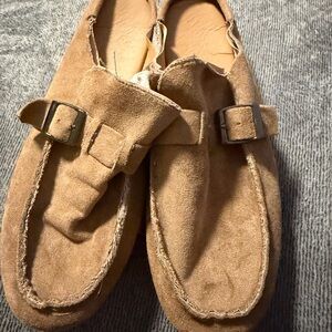 Tan Suede Loafers with Buckle Detail